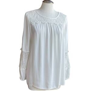 Women's Joie White Coastal Lace Inset Blouse Workwear Long Sleeve Pullover Top L